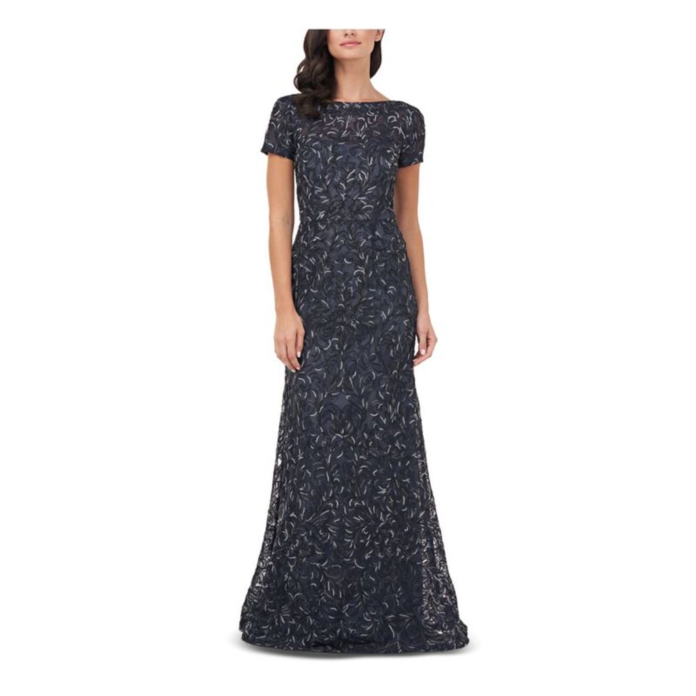 JS COLLECTION Womens Blue Scoop-back Short Sleeve Formal Gown Dress 8